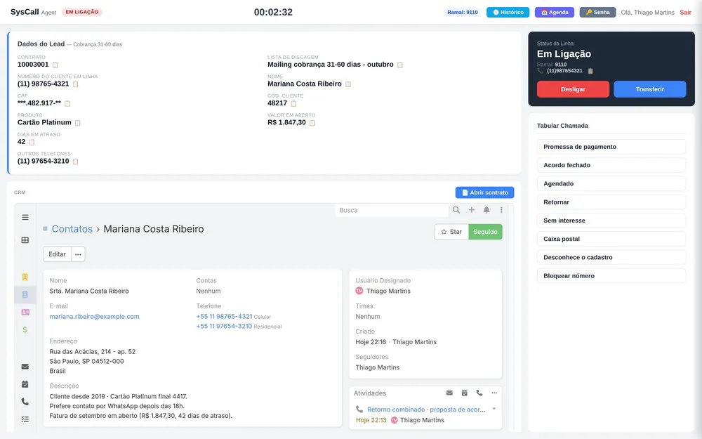 Tela do agente SysCall em ligação: dados do lead, CRM do cliente aberto na ficha e tabulação